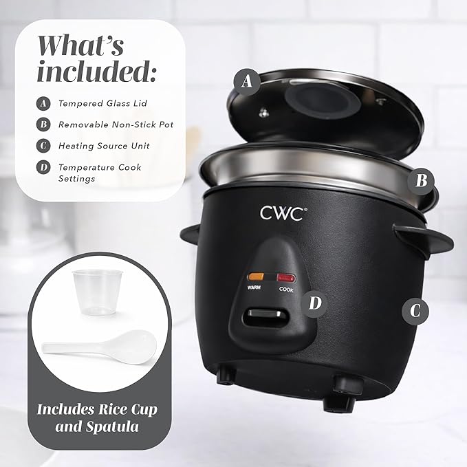 COOK WITH COLOR 6 Cup Rice Cooker 300W - Effortless Cooking and Perfectly Cooks 3 Cups of Raw Rice for 6 Cups of Cooked Rice Black