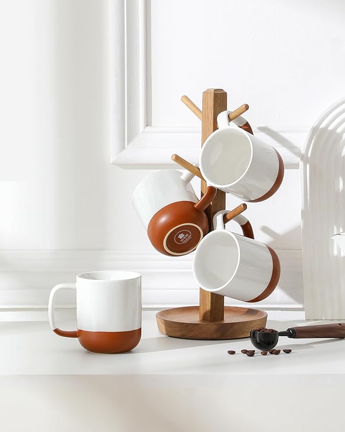 MALACASA Ceramic Coffee Mugs Set of 4 11oz Coffee Cups Modern Farmhouse Mugs for Coffee Latte Tea Hot Chocolate Cappuccino Milk Microwave &amp Dishwasher Safe Khaki White Series TARA