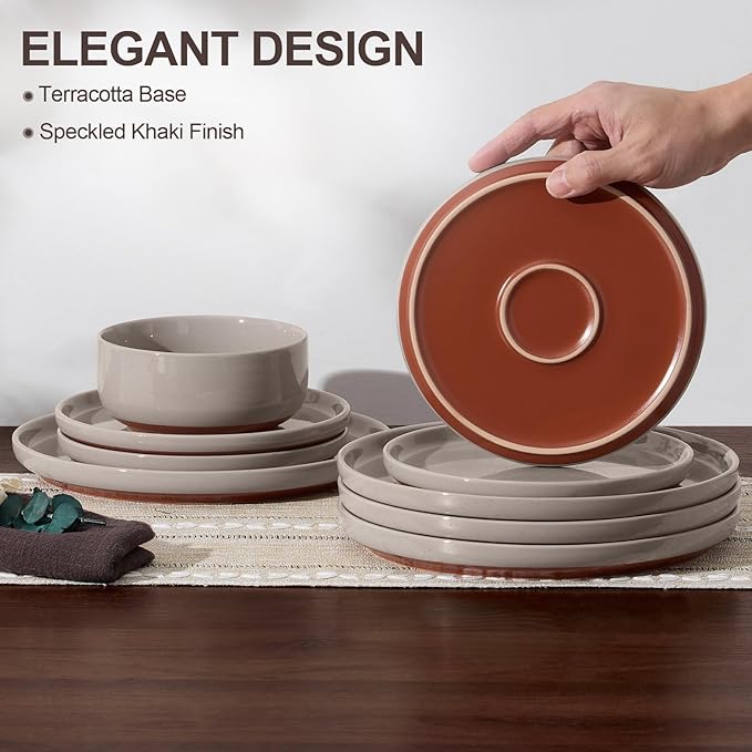 E-far 24-Piece Ceramic Dinnerware Sets Plates and Bowls Sets for 8 Stoneware Dishware Dishes Set with Terracotta Base Chip &amp Scratch Resistant Microwave &amp Dishwasher Safe Speckled Khaki