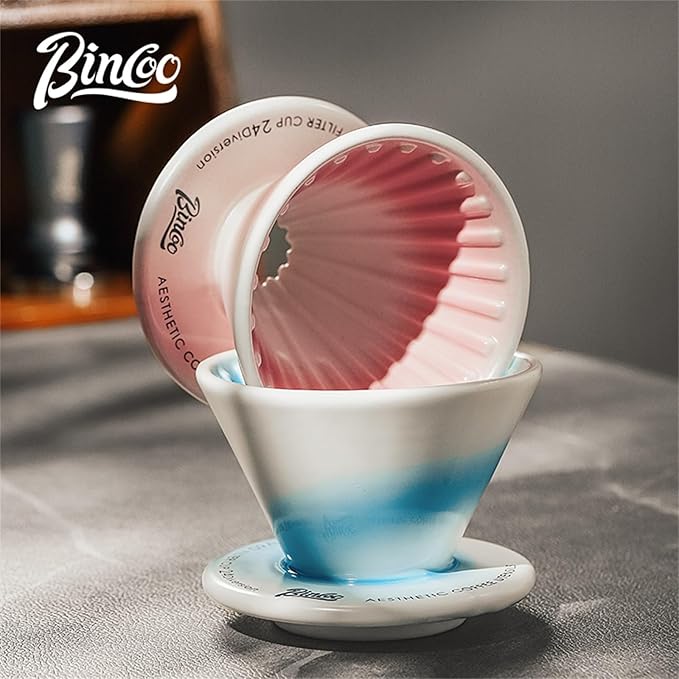 Bincoo Ceramic Coffee Dripper Vertical LinesPour Over Coffee Maker Size 01Manual Pour Over Brew MakerSingle Cups Slow Brewing Accessories (Pink)