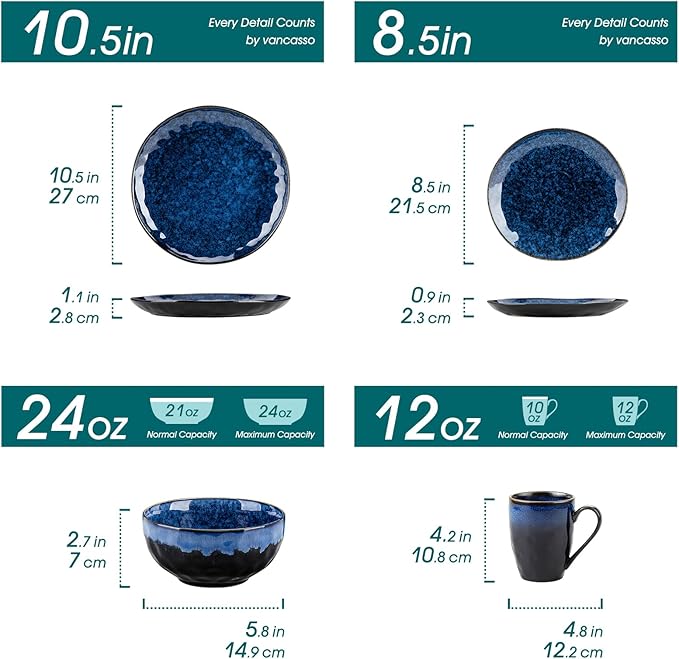 vancasso Starry 16 Pieces Dinnerware Set for 4 Reactive Glaze Blue Stoneware Plates and Bowls Set Dishes Set with Mugs for 4 Microwave &amp Dishwasher Safe