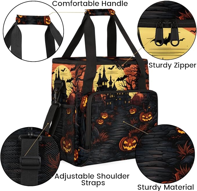 Gothic Castle Halloween Pumpkin Coffee Maker Carrying Bag Travel Storage Bag Compatible with K-Mini or K-Mini Plus Single Serve Coffee Brewer Carrying Case with Multiple Pockets &amp Shoulder Strap