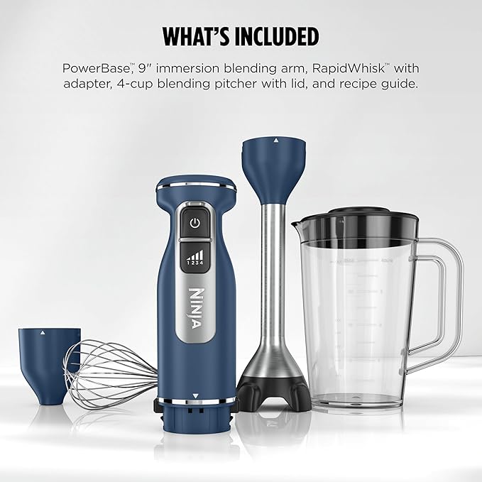 Ninja Immersion Blender and Whisk Hand Stick Blender 4 Speeds with SplatterShield and PanProtect 4-Cup Blending Vessel Dishwasher Safe 5-ft Cord Ergonomic Deep Navy CI201ND