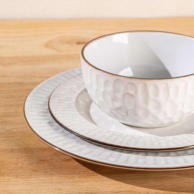 GBHOME Ceramic Dinnerware Sets18 pcs Embossed Elegant Stoneware Plates and Bowls Sets Housewarming Wedding Gift | Dishwasher &amp Microwave Safe | Dishes Set Service for 6