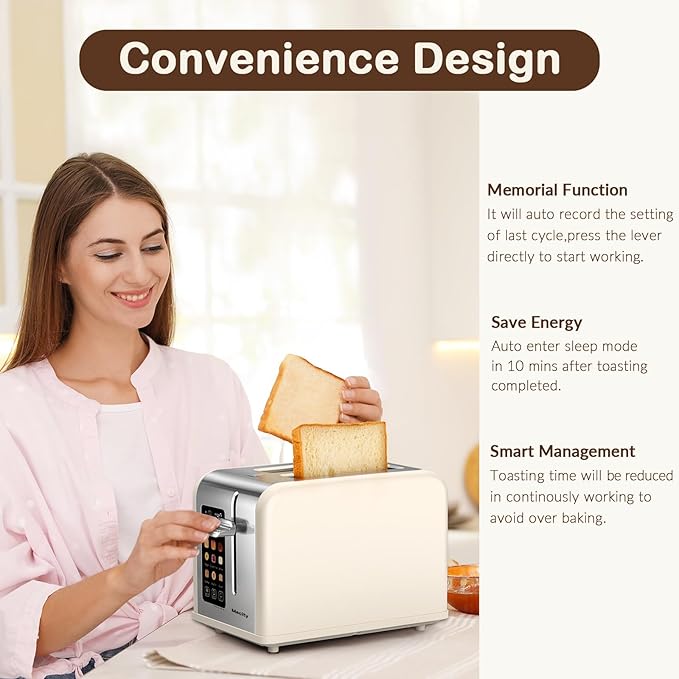 Mecity 2 Slice Touch Screen Toaster 1.5 Wide Slot Stainless Steel Smart Toaster for Bagels Muffins Waffles Gluten-Free Breads Defrost Reheat Timer 120V 825W Cream Color