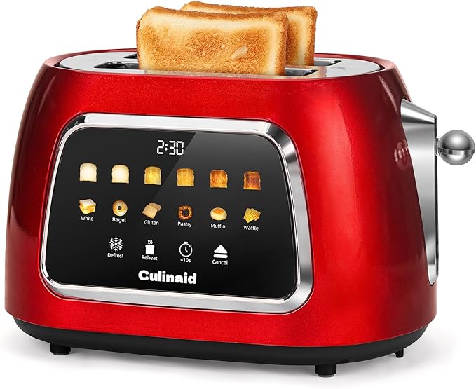 Toaster 2 Slice Smart Touch Screen Retro 1.5'' Extra Wide Slot Stainless Steel Digital Bread Toaster with Memory Function Bagel Defrost 6 Browning Levels and Removable Crumb Tray Red
