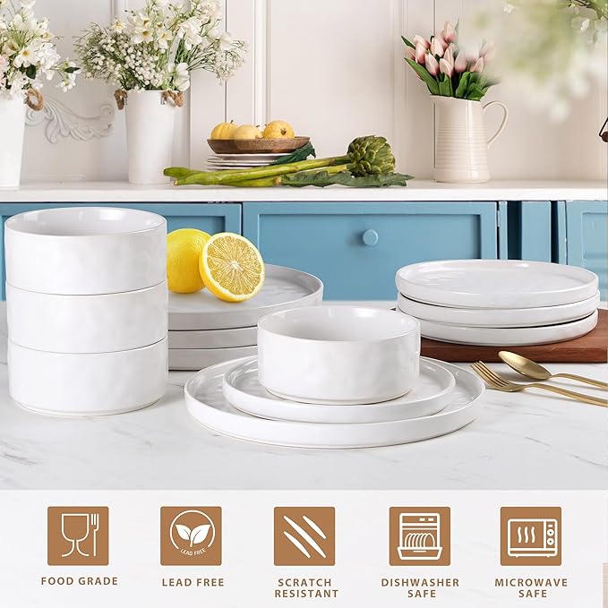 LIANYU 16 Piece Dinnerware Set with Pasta Bowls Stoneware Dinner Plates and Bowls Sets Wide Shallow Speckled Dishes Set for 4 Chip and Scratch Resistant Microwave &amp Dishwasher Safe Polar Whit