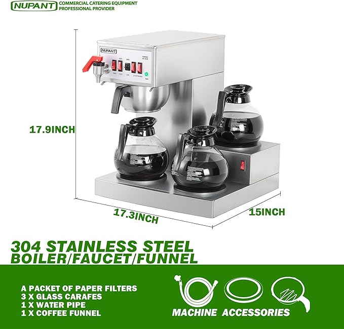 12 Cup Commercial Coffee Maker Auto Filling Drip Coffee Maker Machine with 3 Glass Carafes 3 Warmers Stainless Steel Pour Over Coffee Brewer with Hot Water Supply for Restaurant Office Cafe