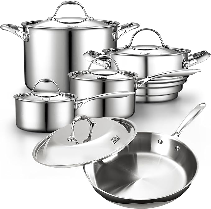 Cooks Standard Stainless Steel Kitchen Cookware Sets 10-Piece Multi-Ply Full Clad Pots and Pans Cooking Set with Fry Pan Dishwasher Safe Oven Safe 500°F