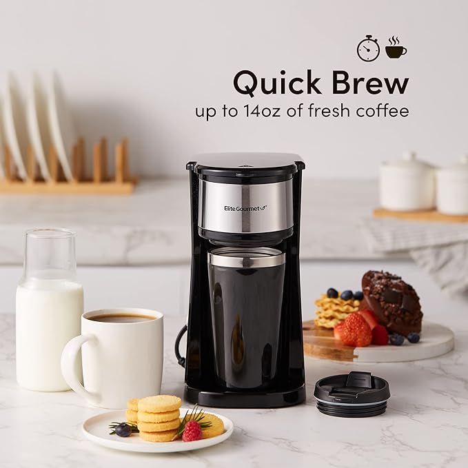 Elite Gourmet EHC-112B Personal Single-Serve Compact Coffee Maker Brewer Includes 14Oz. Thermal Travel Mug with Stainless Steel Interior Compatible with Coffee Grounds Reusable Filter Black