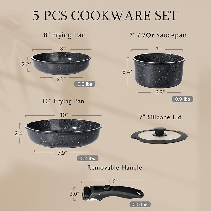 GiPP 5PCS Pots and Pans Set Nonstick Detachable Nonstick Cookware Sets Induction Kitchen Set Removable HandleRV Cookware setOven/Dishwasher Safe