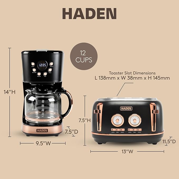 Haden Dorset 4 Slice Wide Slot Stainless Steel Toaster Bundled with 12 Cup Programmable Drip Coffee Maker Coffee Machine Black &amp Copper
