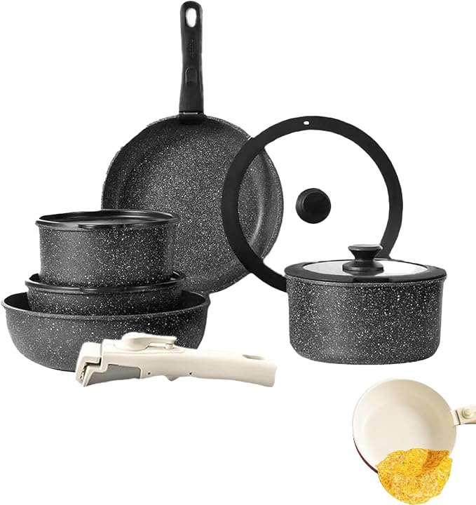 Cookware Set Non-stick ceramic cookware set Non-toxic induction cooktop with Removable HandlesEasy to clean suitable for kitchen sets RV cooking equipment (black5 pcs)