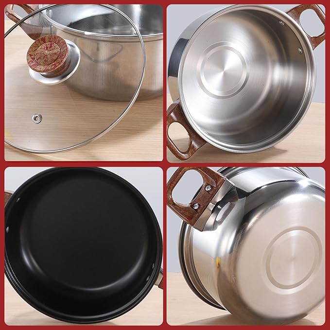 12Pcs Pots and Pans Set Nonstick Stainless Steel Cookware Set with Lids 3L Kettle Induction Compatible Dishwasher Safe PFOS PFOA for Home Kitchen Cooking Silver