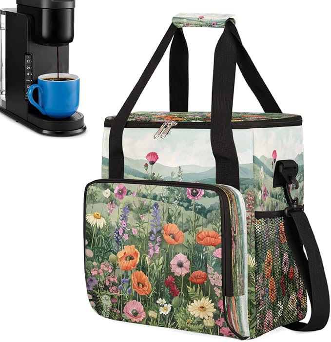 Flower Mountain Leaves Color Coffee Maker Carring Bag Travel Carrying Storage Tote Bag Compatible with Keurig K-Mini or K-Mini Plus Portable Single Serve Coffee Brewer Case with Pockets