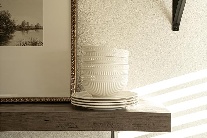 New Bone China 12 Piece Dinnerware Set Santorini Collection (Bloom) White Daily Use China Embossed Tableware Service for 4