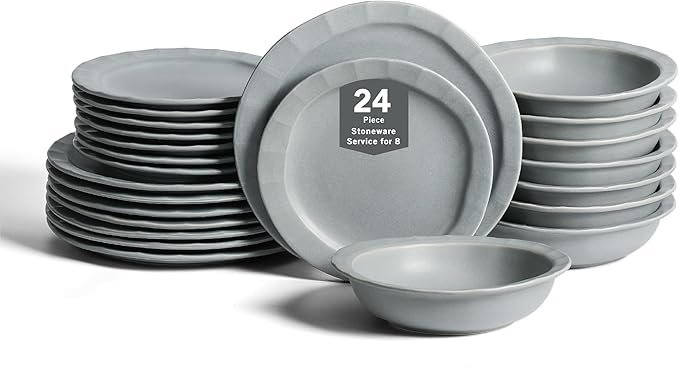 Stone Lain Oasis Stoneware 24 Piece Dinnerware Set Home Kitchen Dish Set with Dinner Plates Salad Plates &amp Bowls - Service for 8 Grey Blue