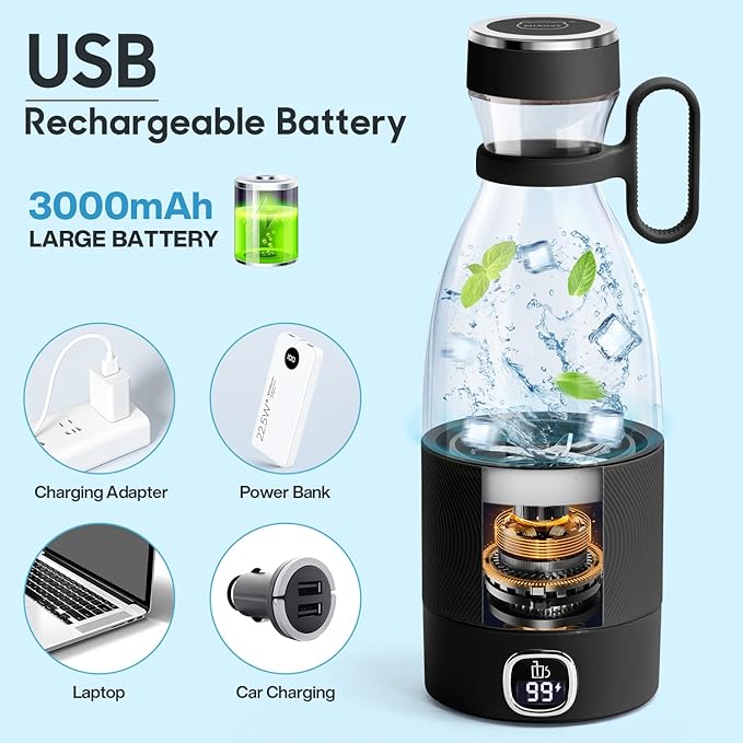 MIAOKE Portable Blender 6 Blades Juicer Cup for Juice Shakes and Smoothies 350ml Mini Blender with Led Display Usb Rechargeable3000Mah Rechargeable Battery for Home Sports Outdoors Travel-Black