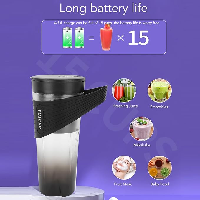 Portable Blender with 20000RPM Motor Rechargeable Battery 6 Stainless Steel Blades for Smoothies Shakes Home Outdoor (Black)