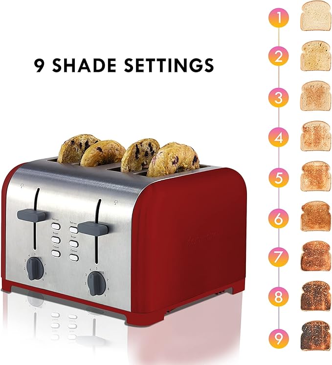 Kenmore Toaster 4 Slice - Extra Wide Slot Countertop Kitchen Appliance Defrost Function Grille-Pain 9 Shade Settings Compact Design Easy Clean Crumb Tray Bread Bagel Stainless Steel &amp Red