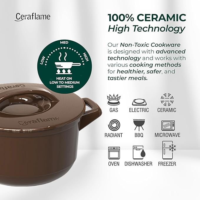 Pure Ceramic Healthy Non Toxic Cookware Set - Oven Safe Up to 1200F Microwave and Dishwasher Safe Longlasting and Lightweight - PFAS PTFE PFOA PFOS - Cocoa Brown