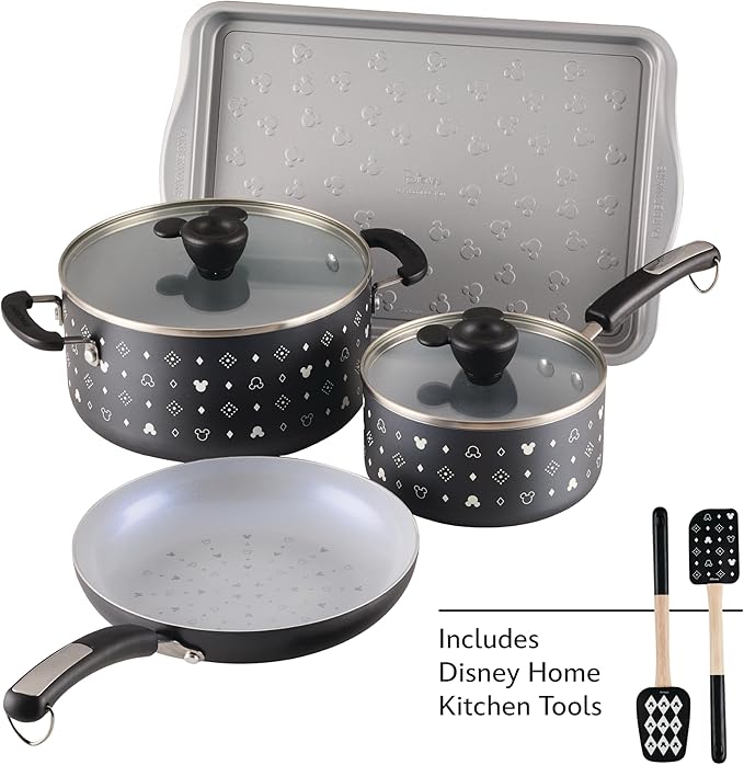 Farberware Disney Monochrome Ceramic Nonstick Cookware Pots and Pans with Baking/Bakeware Cookie Pan and Kitchen Cooking Tool Set Dishwasher Safe 8 Piece Cookware Set - Black