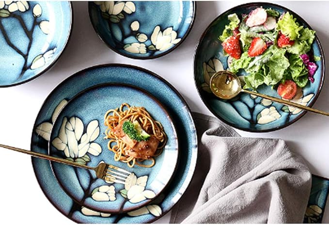 SHINING Blue Creative Hand Painting Porcelain Dinnerware Tableware Dinner Service Set Saqure Plate Deep Plate Bowl For Wedding Birthday Christmas Gift (Set of 15 Pieces)