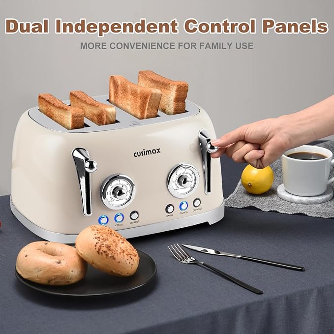 CUSIMAX Toaster 4 Slice Retro Toaster with Wide Slots for Bagels Stainless Steel with 6 Toast Settings Bagel Cancel Defrost &amp Reheat Functions Dual Independent Control Panels Cream