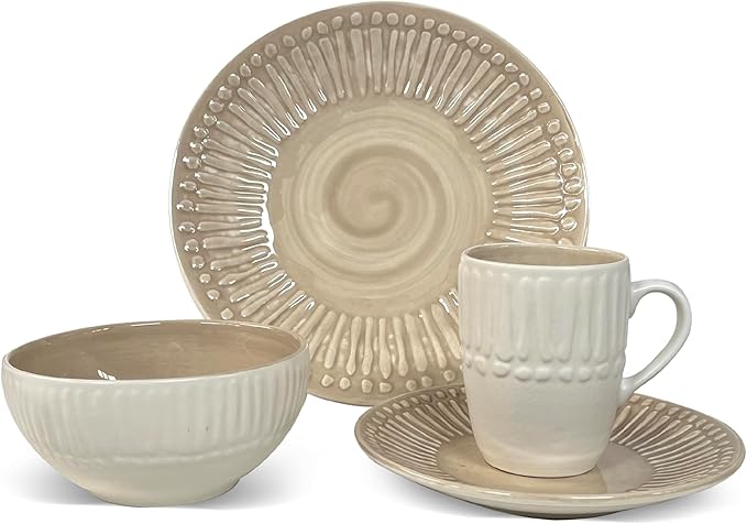 Artesa Color Full Macao Taupei Ceramic Dinnerware Handmade Set 4-Piece Beige Sunburst Pattern 11.4 inch Dinner Plates 7.8 inch Salad Plates Bowls and Cups Microwave Safe