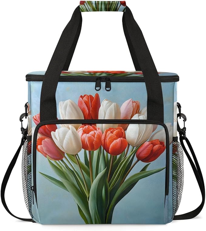 Floral Tulip Bouquet Coffee Maker Travel Bag for Keurig K-Mini/K-Mini Plus Insulated Waterproof Tote with Pockets for K-Cup Portable Single-Serve Brewer Case