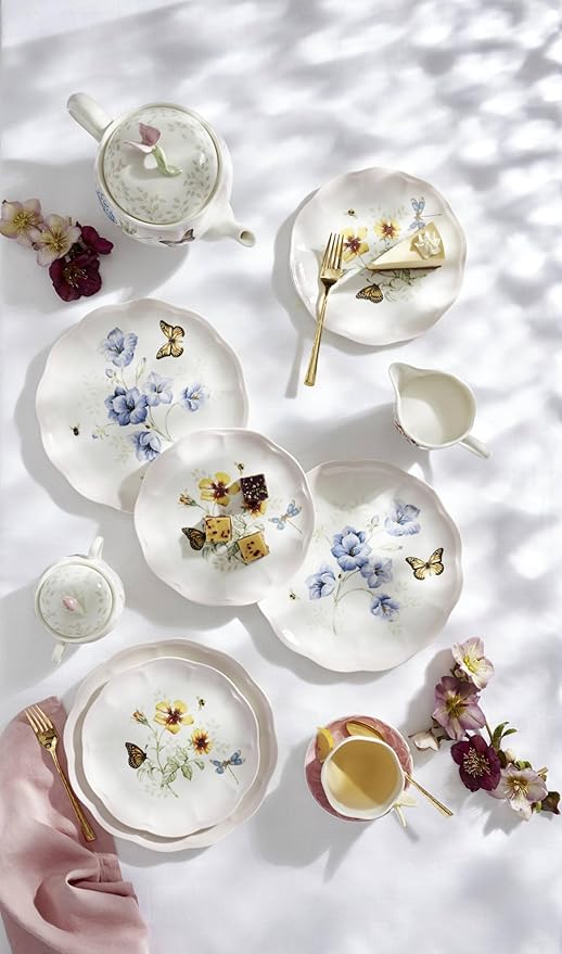 Lenox Dinnerware Set Butterfly Meadow Pink 12-Piece Set Service For 4 Porcelain Bowls Plates And Bowls Set Microwave Safe Dishwasher Safe Dishes Home &amp Kitchen (Assorted 12 Pieces)