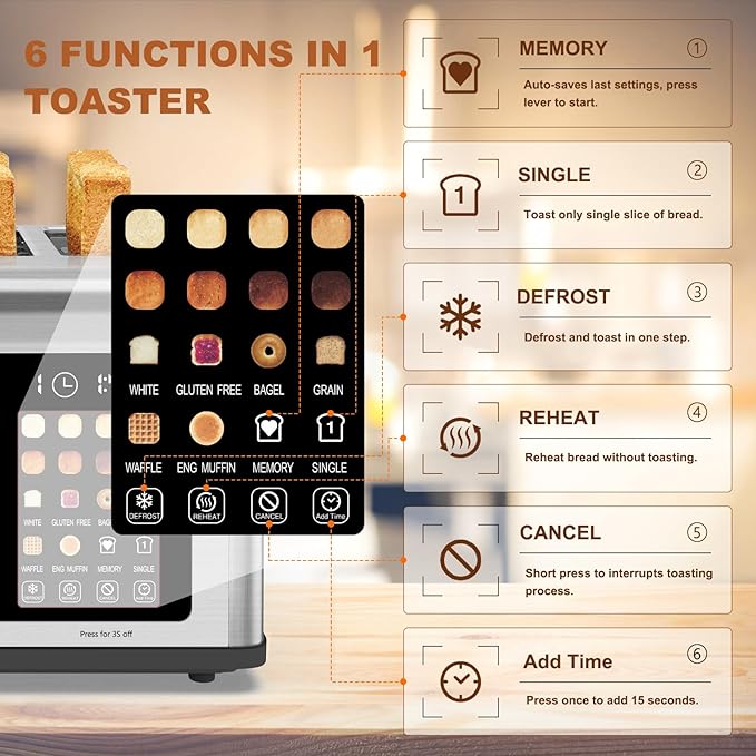 4 Slice Toaster Touch Screen Stainless Steel Toasters Digital Timer Dual Control Panel Toasters 8 Shade Settings 6 Bread Types for Bagel Cancel Defrost 1650W