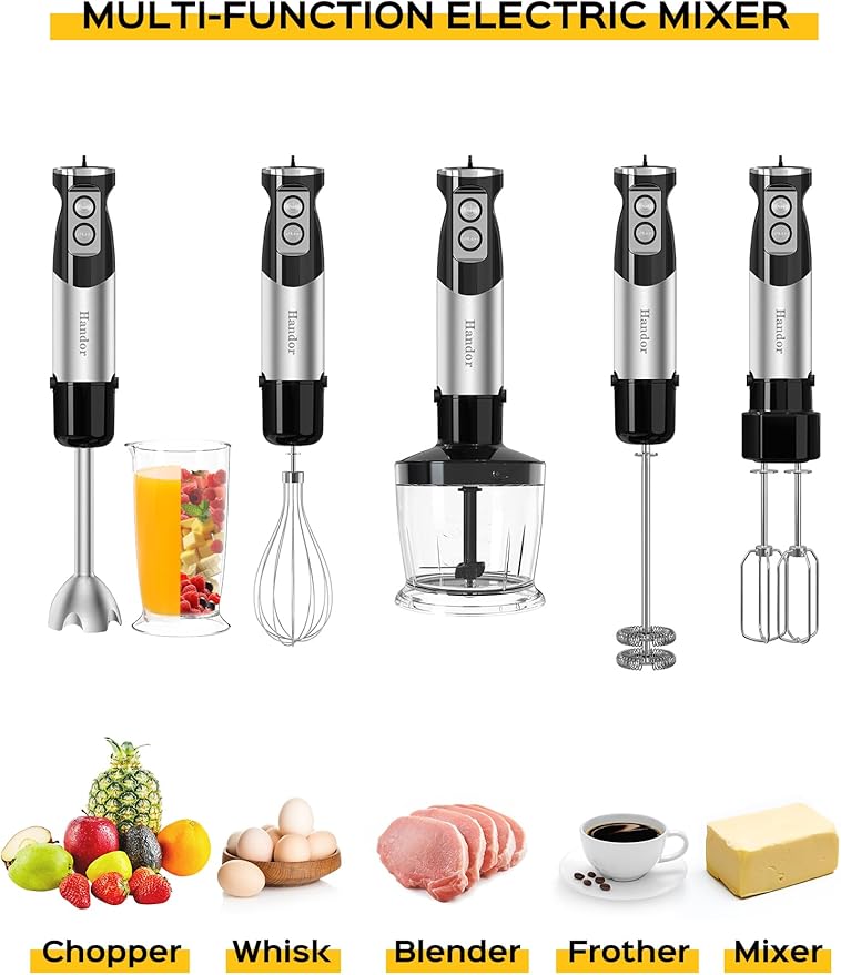 Handor 6-in-1 Hand Immersion Blender 1000W 12 Speed Handheld Blender with 600ml Beaker 500ml Chopper Egg Whisk Milk Frother Stainless Steel Blades for Soup Smoothie Puree