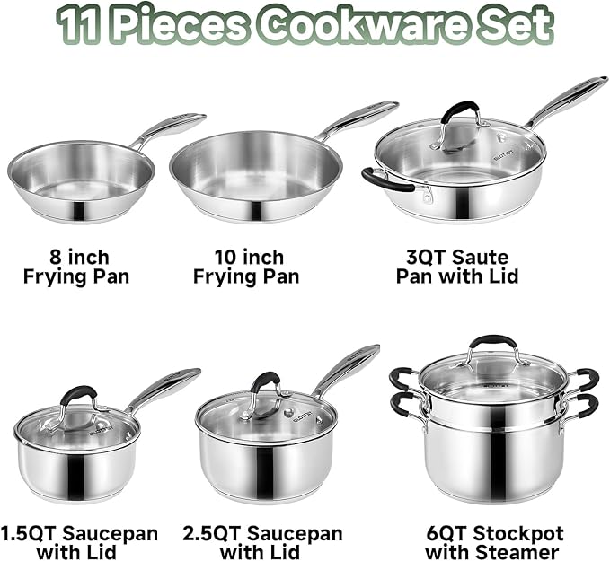 Stainless Steel Kitchen Cookware Set11 Piece Pots and Pans Set with SteamerHeat-resistant HandleNon-ToxicInductionOvenDishwasher Safe