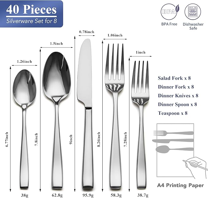 40 Piece Silverware Set Service for 8 EIUBUIE Premium Stainless Steel Cutlery Set Mirror Polished Flatware Sets Heavy Duty and Solid Modern Kitchen Eating Utensils Sets Include Spoons Forks Knives