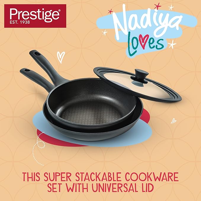 Prestige x Nadiya Non Stick Frying Pan Set of 2 with Universal Glass Lid &amp Stay Cool Handles - Stackable Induction Frying Pans 24cm &amp 26cm Oven and Dishwasher Safe Black