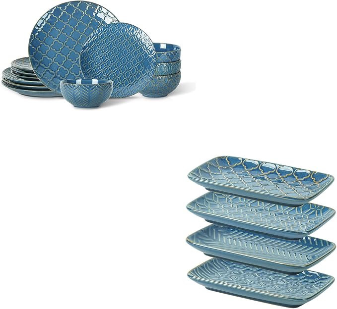 Sureasy Dinnerware Sets 12-piece + 8 inch Rectangular Salad Plates Set of 4 Blue