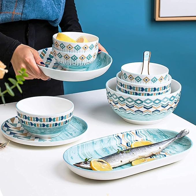 High-End Dinner SetCeramics Dinner Sets Blue Geometric Patterns Porcelain Dinnerware Set of 42 | Cereal Bowl and Steak Plate Set for Housewarming Gift