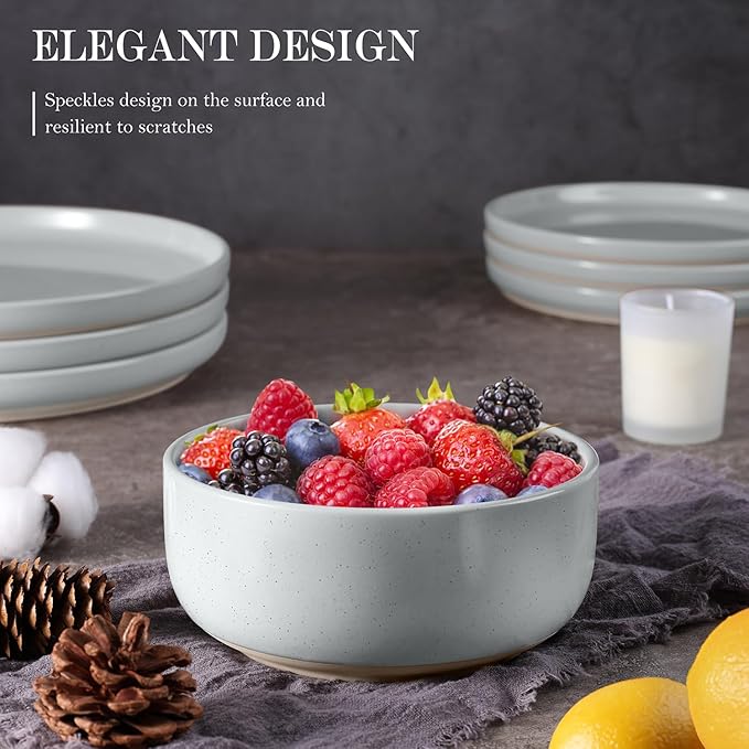 Vesteel 12-Piece Dinnerware set Ceramic Plates and Bowls set with Makeup Clay for 4 Speckled Stoneware Dishes Set for Family Microwave &amp Dishwasher Safe - Light Gray
