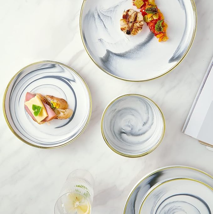 Marble Gold Rim Dinnerware Sets Porcelain Plates and Bowls Sets Modern Luxury Dish Set for 4 White Grey China Dinner Set for Special Occasions Hand Wash Quickly