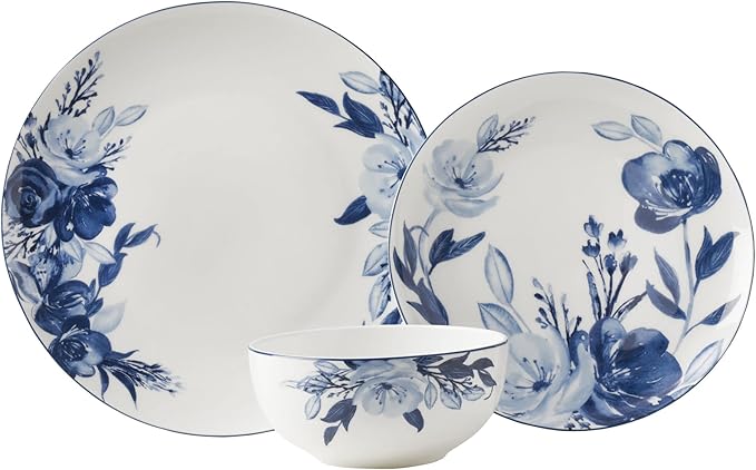 Mikasa Darcy Bone China Lightweight Chip Resistant 12 Piece Dinnerware Set Service for 4Blue and White