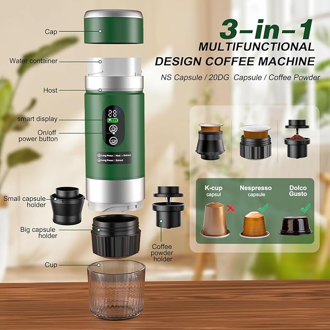 Portable Espresso Machine with Removeable Battery 20 bar Mini Travel Coffee maker Expresso Maker with USB-C3-in-1 Car Coffee Maker Self-Heating Ground Coffee &amp Capsule(Ns&ampDG)
