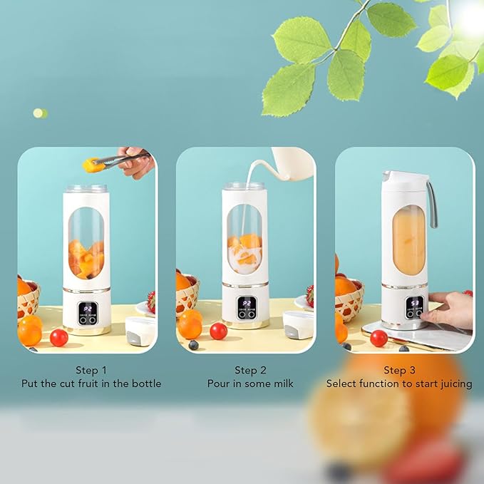 450ML Portable Juicer Cup - USB Rechargeable Travel Blender with 12 Blades &amp 3 Speeds - Smoothies &amp Fruit Juices for Home Office and Outdoors (White)
