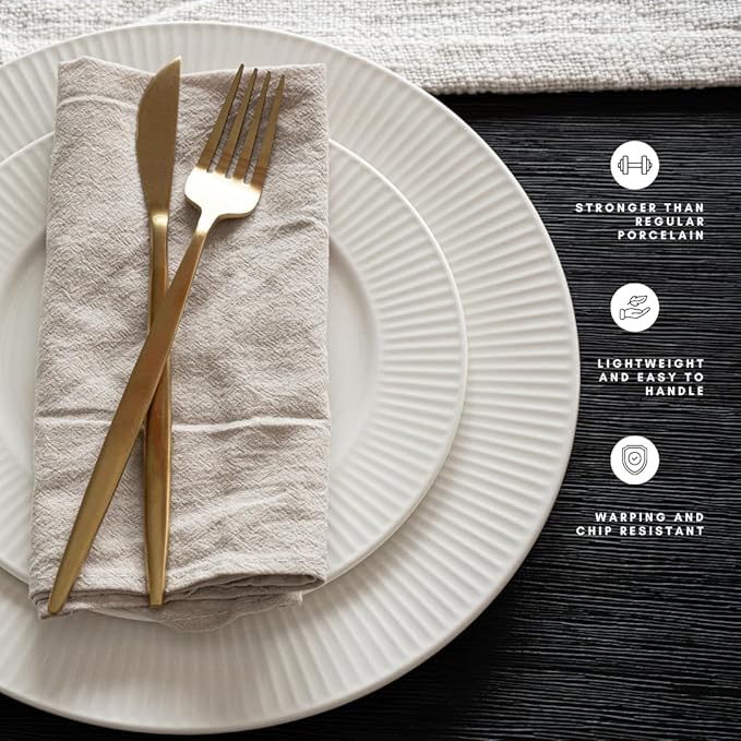 New Bone China 12 Piece Dinnerware Set Santorini Collection (Sun) White Daily Use China Embossed Tableware Service for 4