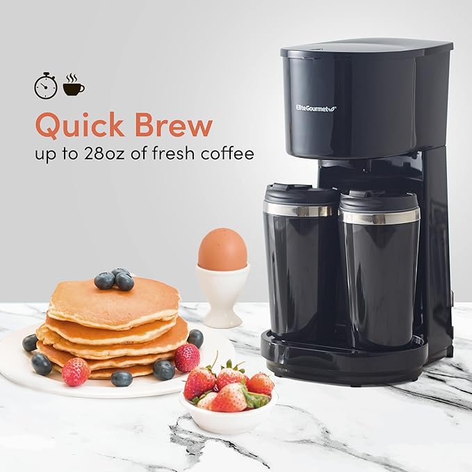Elite Gourmet EHC116 Dual Drip Double Coffee Maker Brewer Includes Two 14 Oz Stainless Steel Interior Thermal Travel Mugs Compatible with Coffee Grounds Reusable Filter Black
