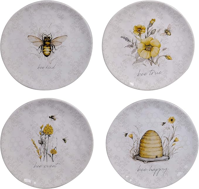 Bee Sweet 16-Piece Ceramic Dinnerware Set – Service for 4 Farmhouse Bee and Floral Design Includes 4 Dinner Plates 4 Salad Plates 4 Bowls 4 Large Mugs – Microwave &amp Dishwasher Safe