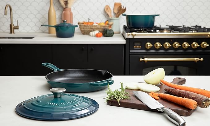 Larder &amp Vine 5-Piece Enameled Cast Iron Cookware Set - Includes 5.7 Quart Dutch Oven with Lid 10.25 Inch Skillet 2.2 Quart Saucepan with Lid (Bondi)