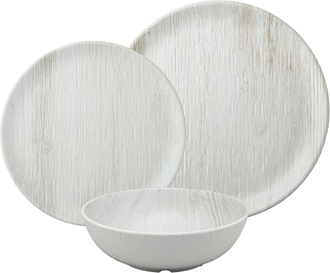UPware 12 Piece Wood Grain Melamine Dinnerware Sets Outdoor Dishes Set Plates and Bowls Sets Service for 4 Gray