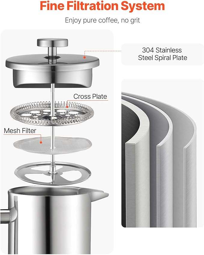 VEVOR French Press Coffee Maker 34 Ounce 1 Liter Stainless Steel Coffee Press Tea Maker with Filter Large Double Wall Insulated French Presses Cold Brew for Camping Travel Home Kitchen Silver