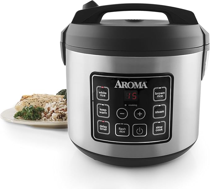 Aroma Housewares 20 Cup Cooked (10 cup uncooked) Digital Rice Cooker Slow Cooker Food Steamer SS Exterior (ARC-150SB)Black